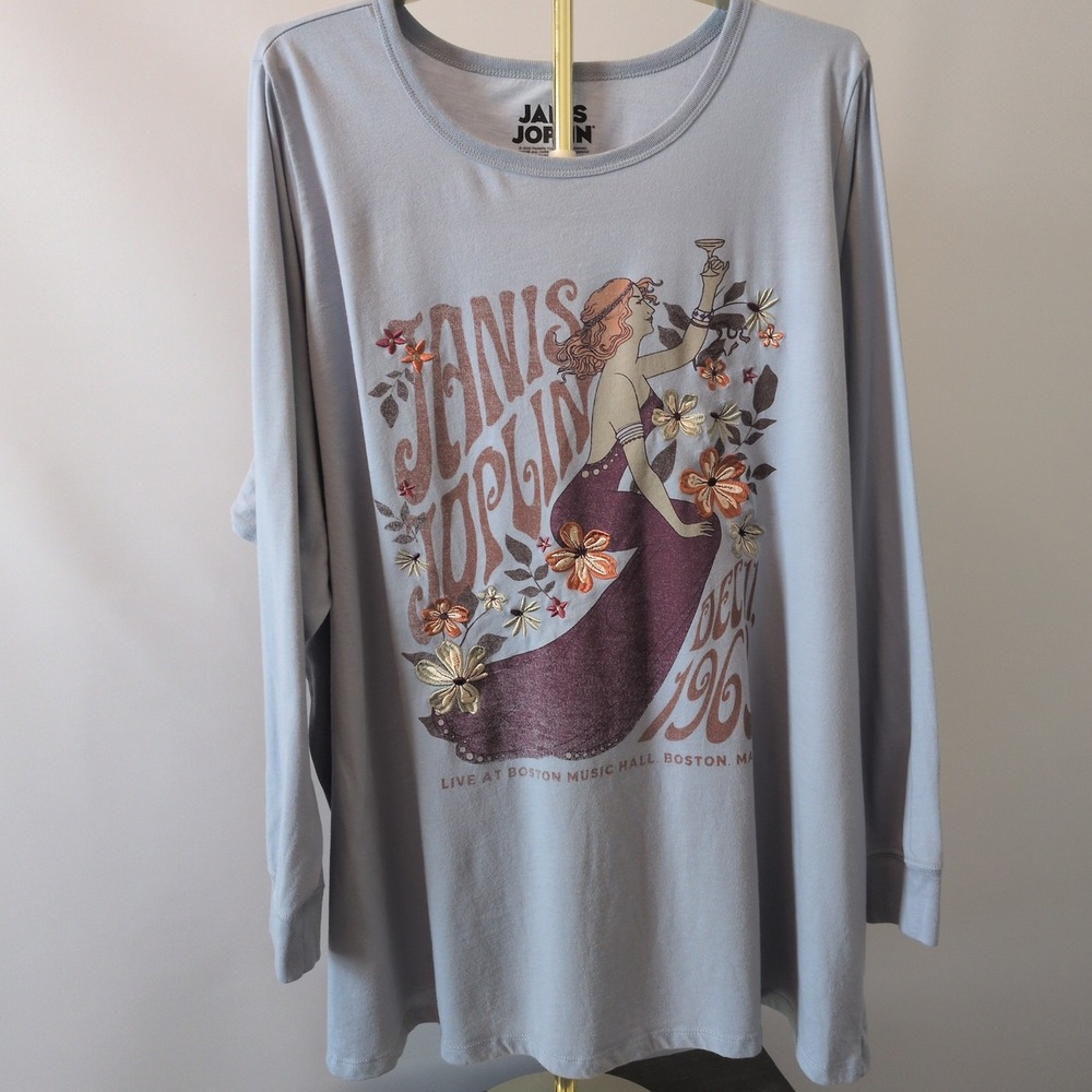 Janis Joplin Graphic Top Women 5X Light Blue Art Nouveau Boston 1969 Rock Tee